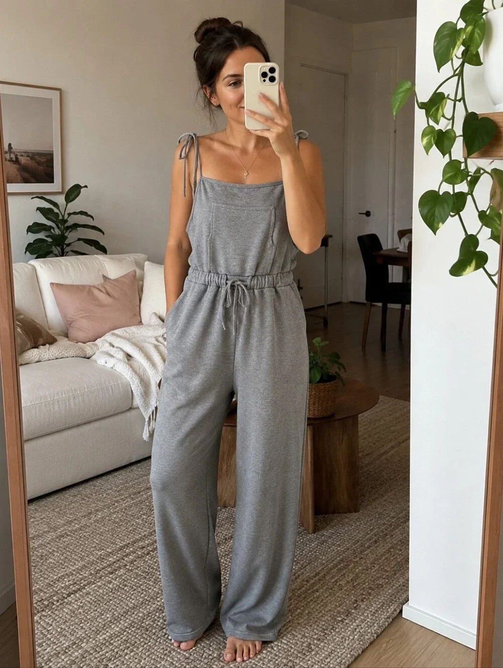 Blue Blush Gray Tie Strap Wide Leg Lounge Jumpsuit M